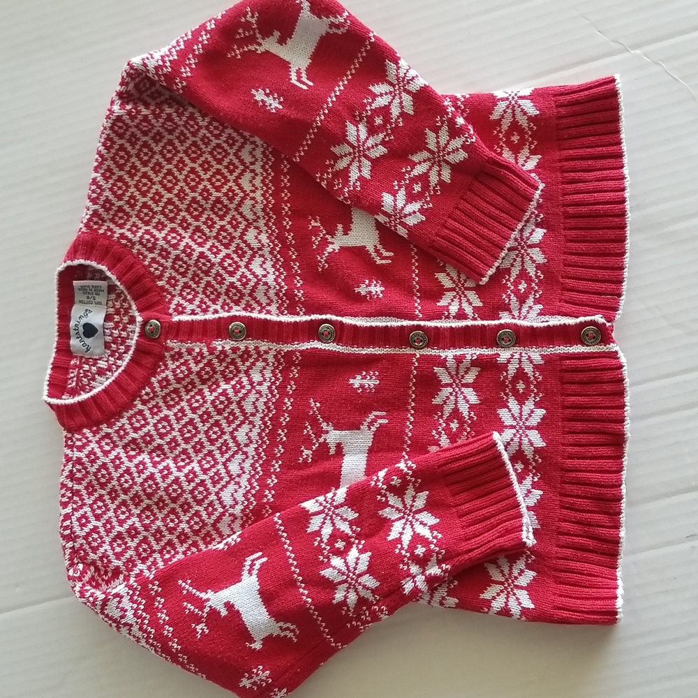 HARTSTRINGS reindeer cartigan sweater NWOT 5/6 cotton holiday red white Child